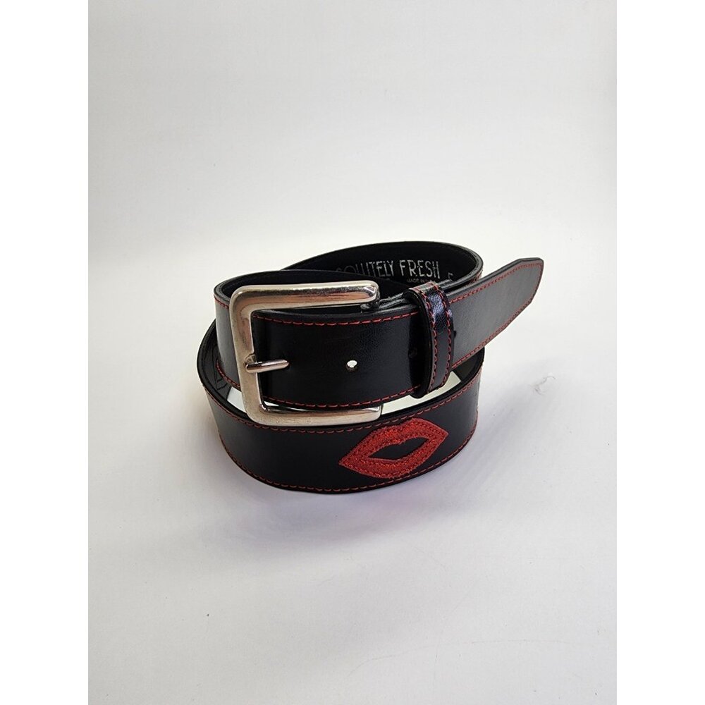 Absolutely Fresh Black Leather Belt With Red Lips Silver Buckle Size L  Goth EMO